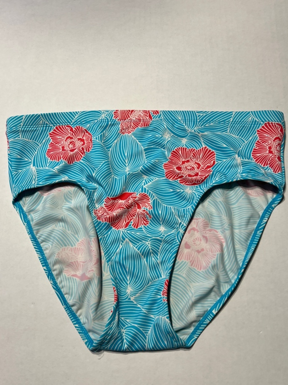 L.L. Bean Turquoise Bikini Bottoms with Red Floral Print Size 12